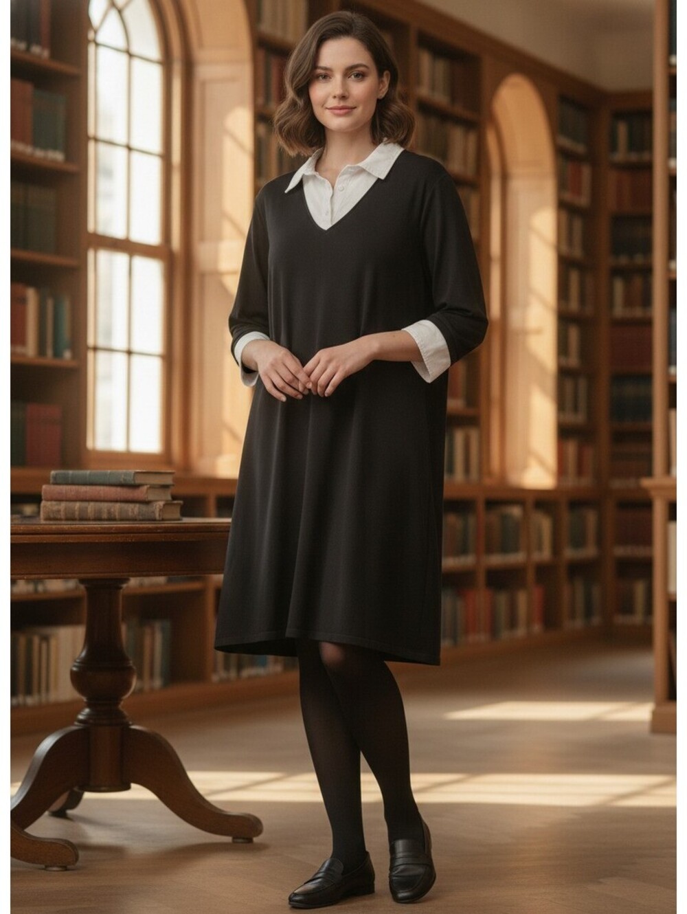 Lauren Ralph Lauren Dress Womens 2X Black Knit White Collar Preppy Shift Mod LRL